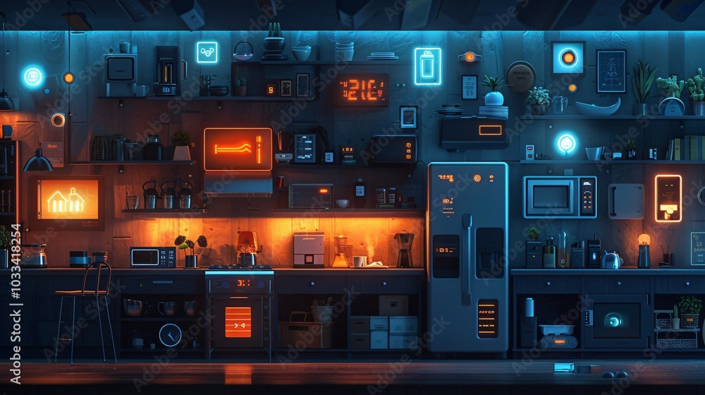 An indoor scene showcasing smart home technology through the Internet of Things (IoT), featuring holographic displays and advanced devices. This image embodies the future of intelligent living and con An indoor scene showcasing smart home technology through the Internet of Things (IoT), featuring holographic displays and advanced devices. This image embodies the future of intelligent living and con