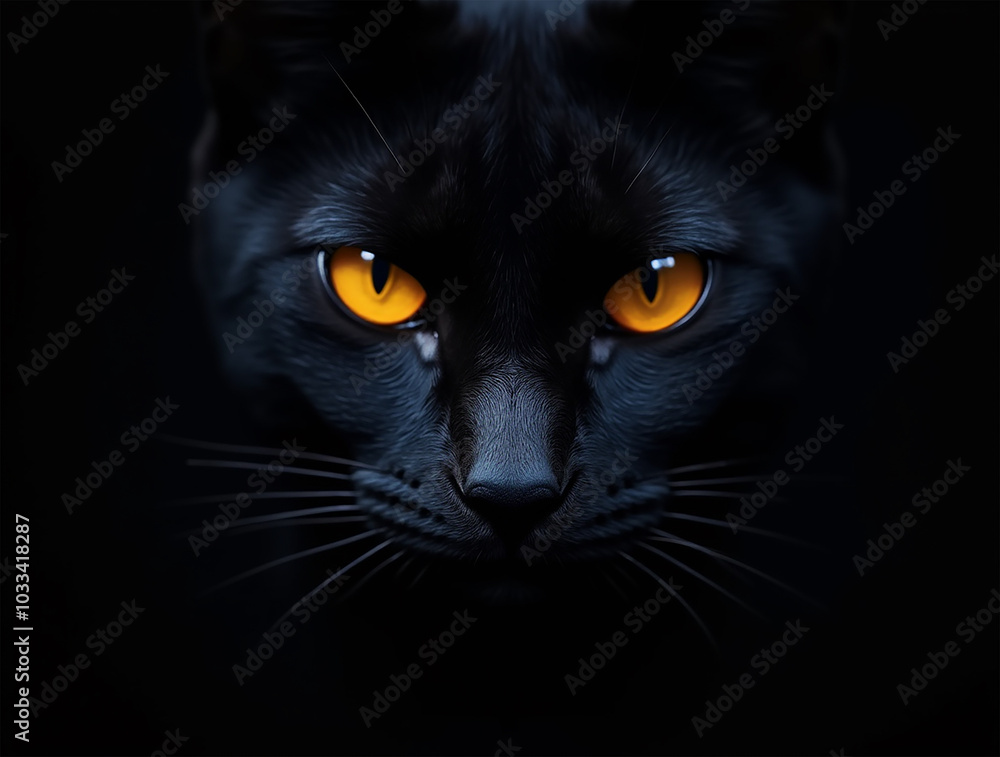 Majestic Black Cat with Striking Yellow Eyes in Dark Background Majestic Black Cat with Striking Yellow Eyes in Dark Background