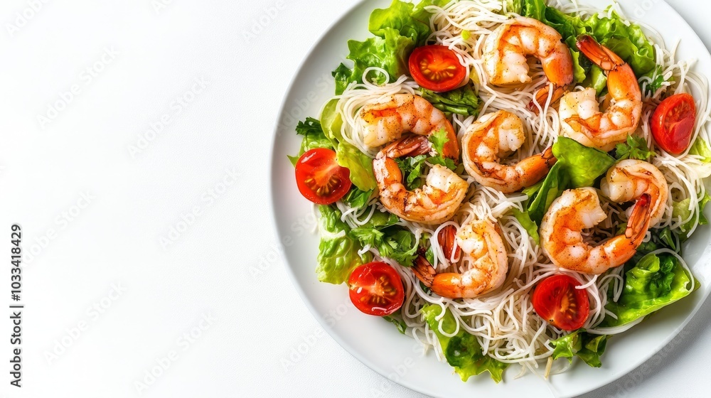 A white plate filled with a shrimp salad with rice noodles, cherry tomatoes, and lettuce. A white plate filled with a shrimp salad with rice noodles, cherry tomatoes, and lettuce.