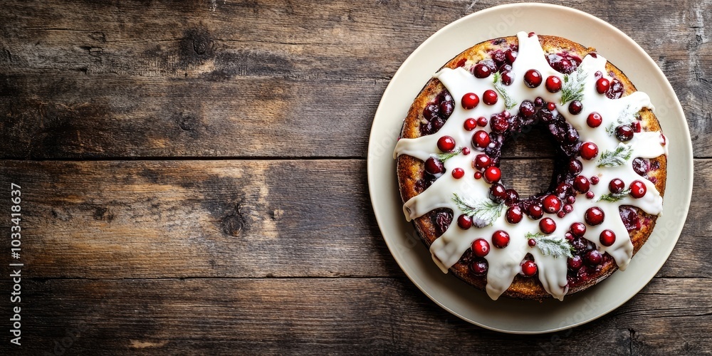 Christmas Pudding, a Fruit Cake adorned with icing and cranberries on a rustic wooden table, copy space, top view. Traditional homemade Christmas dessert - Christmas Pudding. Christmas Pudding, a Fruit Cake adorned with icing and cranberries on a rustic wooden table, copy space, top view. Traditional homemade Christmas dessert - Christmas Pudding.