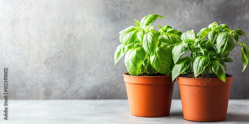 Decorative pepper and basil in pots. Indoor plant. Compact home garden. Copy space. photo