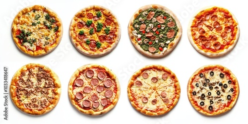 Assorted pizzas isolated on a white background.