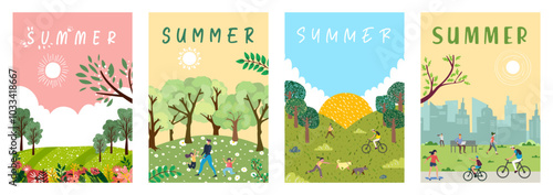 Summer. Happy people having fun in the park. Summer posters.