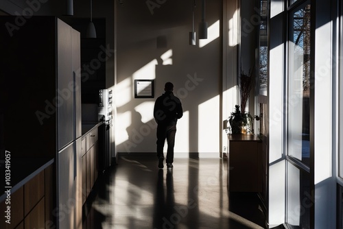 A man walks through a modern office hallway with sunlight streaming through large windows, creating geometric patterns on the floor.