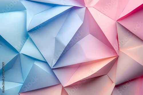 Abstract background with geometric shapes in pastel colors, featuring light blue and pink hues. The composition includes large paper sheets arranged to create an intricate pattern, giving the impressi photo