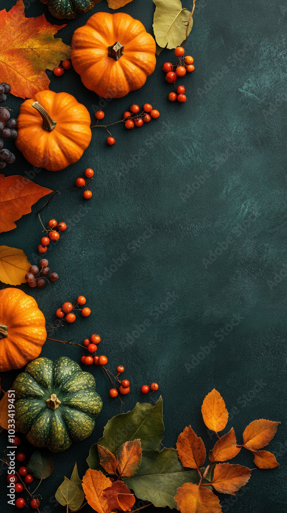 A festive autumn arrangement featuring pumpkins, berries, and leaves set against a dark green background. A festive autumn arrangement featuring pumpkins, berries, and leaves set against a dark green background.