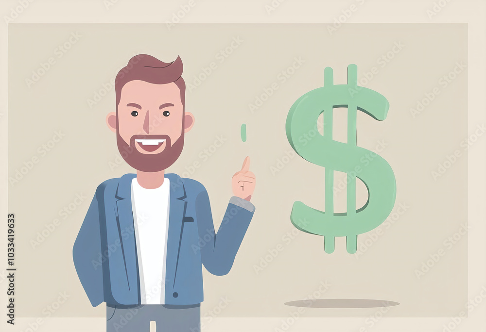 Businessman pointing at dollar sign. Vector illustration in cartoon style. Businessman pointing at dollar sign. Vector illustration in cartoon style.