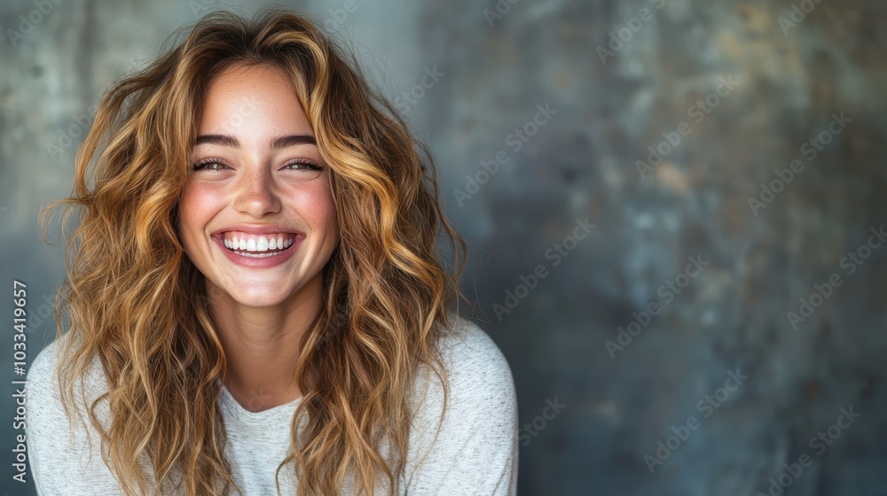 A woman with radiant curly hair flashes a bright smile wearing a gray top, embodying joy, infectious happiness, and an alluring approachability. A woman with radiant curly hair flashes a bright smile wearing a gray top, embodying joy, infectious happiness, and an alluring approachability.
