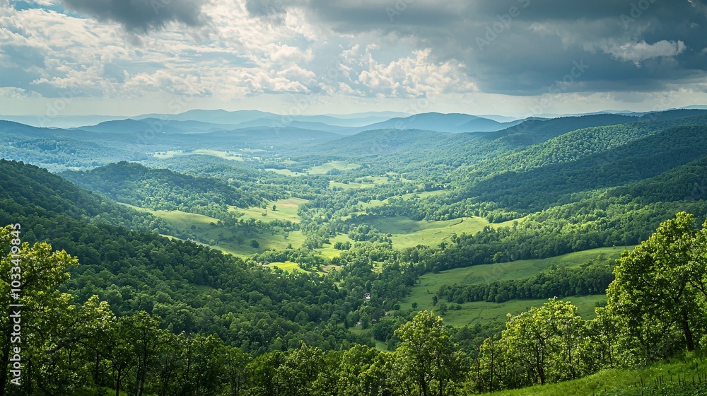 Lush green valley with Appalachian Trail winding through Lush green valley with Appalachian Trail winding through