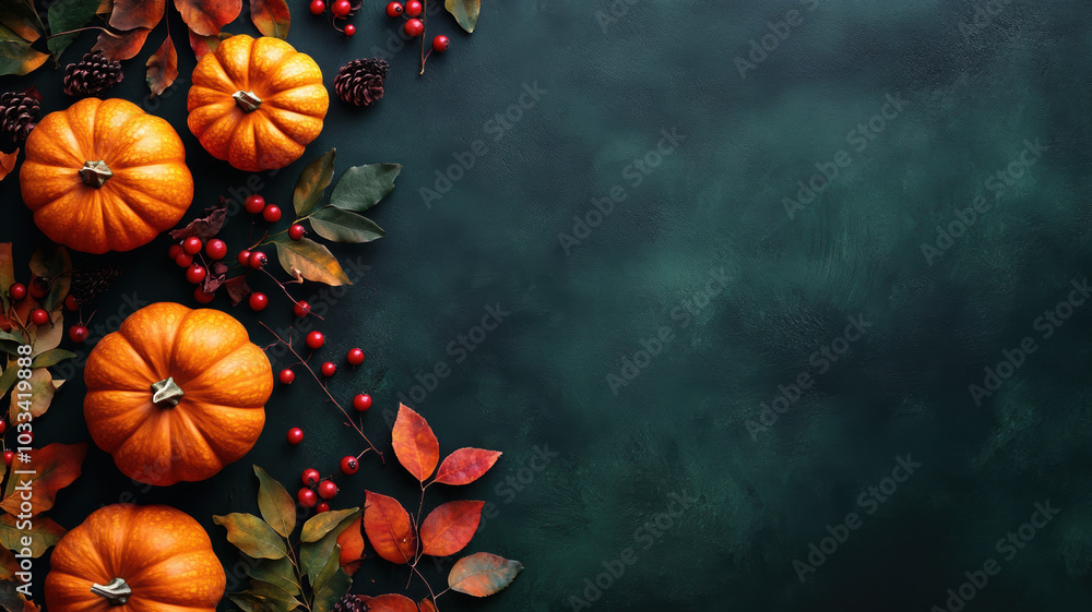 A festive autumn arrangement featuring pumpkins, berries, and leaves set against a dark green background. A festive autumn arrangement featuring pumpkins, berries, and leaves set against a dark green background.