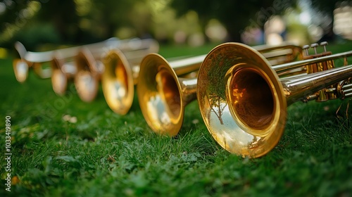 Close-up of a vintage brass band set, featuring a trumpet, baritone, and tenor, on lush green grass in a city park.