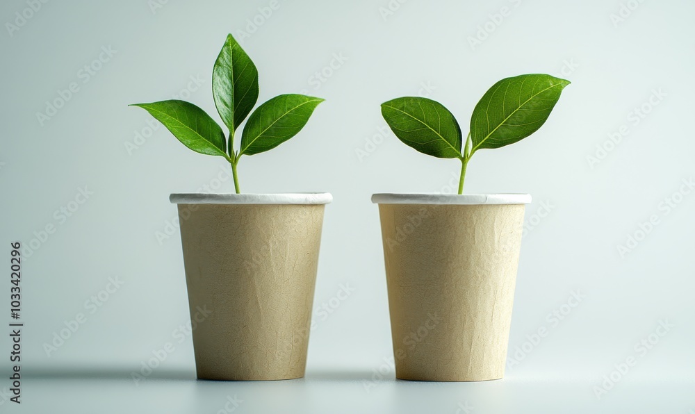 Eco-friendly concept with two paper cups featuring green leaves growing ...