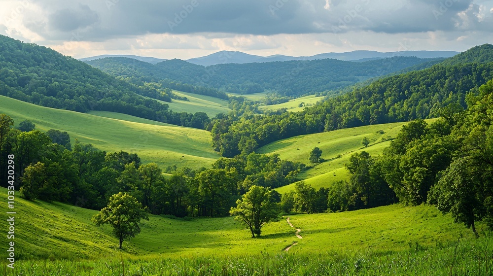 Lush green valley with Appalachian Trail winding through Lush green valley with Appalachian Trail winding through