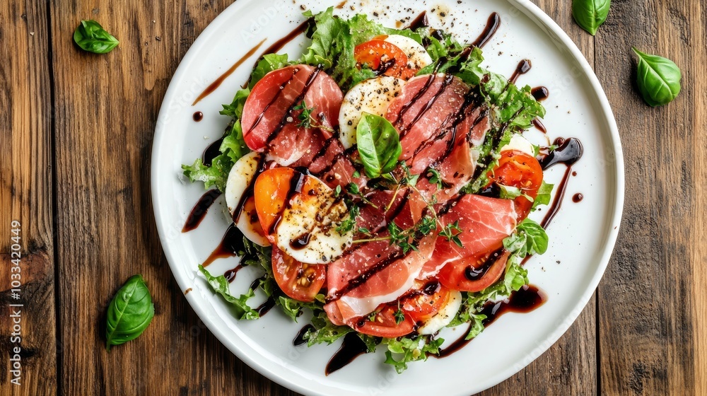 A white plate with a gourmet salad featuring prosciutto, tomato, lettuce, and balsamic vinegar on a wooden table. A white plate with a gourmet salad featuring prosciutto, tomato, lettuce, and balsamic vinegar on a wooden table.