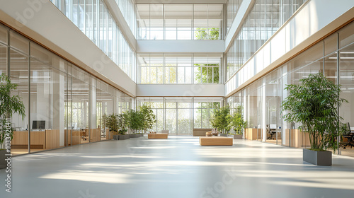 A large, bright, and modern business building lobby features white marble floors and glass windows on the walls