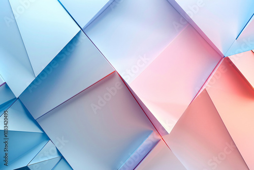 Abstract background with geometric shapes in pastel colors, featuring light blue and pink hues. The composition includes large paper sheets arranged to create an intricate pattern, giving the impressi photo