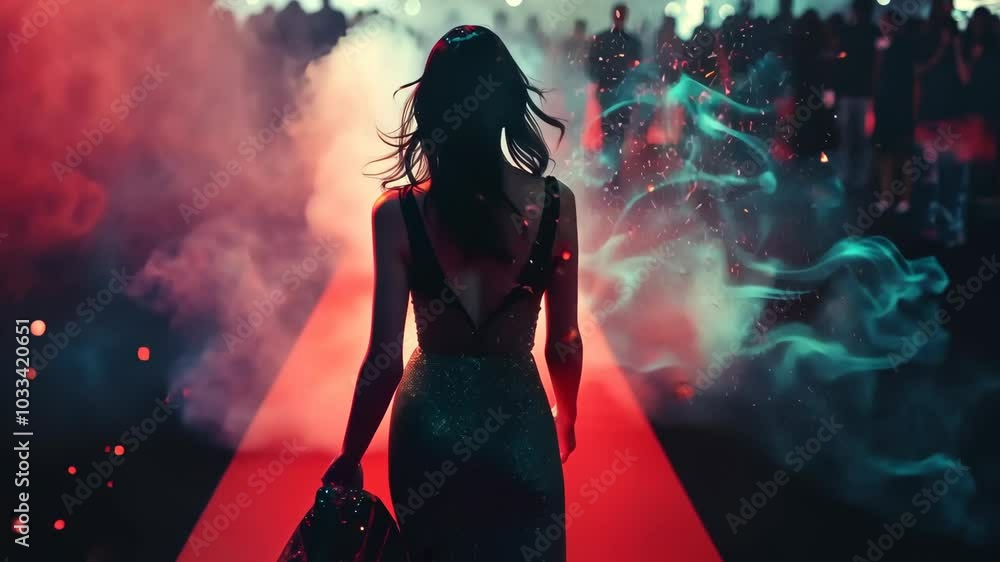 A woman walks down a red carpet at a glamorous evening event surrounded by a lively crowd and colorful lights A woman walks down a red carpet at a glamorous evening event surrounded by a lively crowd and colorful lights