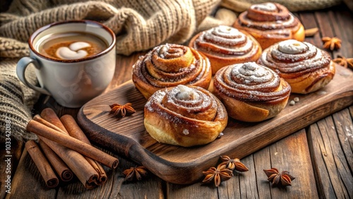 Cozy Scandinavian Cinnamon Rolls and Cardamom Buns on Rustic Wooden Board for Hygge Vibes photo