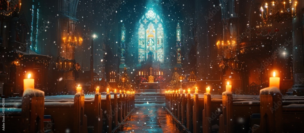 Mysterious and Enchanting Interior of a Gothic Cathedral on a Snowy Winter Day with Glowing Stained Glass Windows Candlelight and a Serene Spiritual Atmosphere Mysterious and Enchanting Interior of a Gothic Cathedral on a Snowy Winter Day with Glowing Stained Glass Windows Candlelight and a Serene Spiritual Atmosphere