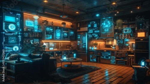 An indoor scene showcasing smart home technology through the Internet of Things (IoT), featuring holographic displays and advanced devices. This image embodies the future of intelligent living and con