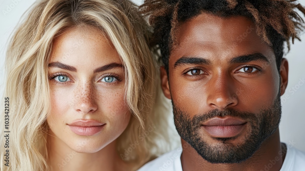 A stylish portrait of a couple, radiating with vibrant energy against a contrasting yet complementary background, highlighting their unique features and unity. A stylish portrait of a couple, radiating with vibrant energy against a contrasting yet complementary background, highlighting their unique features and unity.