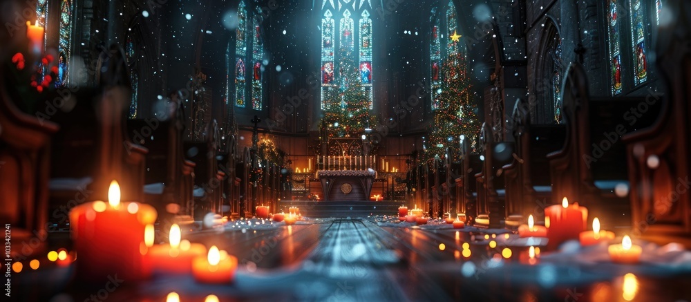 Obraz premium Magnificent interior of a historic cathedral or church filled with the warm glow of candles and festive holiday a serene and spiritual atmosphere for Christmas Eve worship and