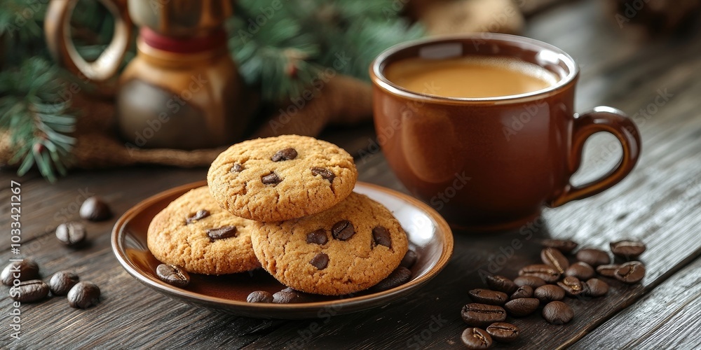 Cookies on a saucer beside a coffee mug and a turka for brewing coffee. Cookies on a saucer beside a coffee mug and a turka for brewing coffee.