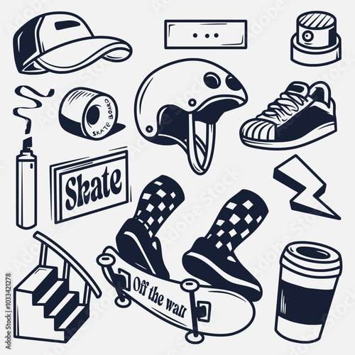 hand drawn skateboard elements collection, hand drawn sketch design. Vector illustration
