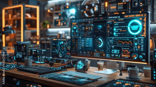 Wallpaper Mural An indoor scene showcasing smart home technology through the Internet of Things (IoT), featuring holographic displays and advanced devices. This image embodies the future of intelligent living and con Torontodigital.ca