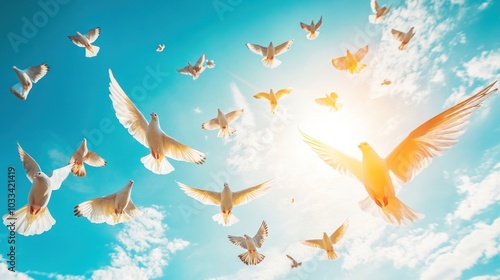 A flock of white doves soar through a bright blue sky with the sun shining behind them.