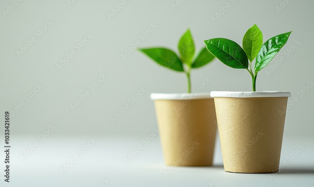 Two paper cups with green leaves growing, representing eco-friendliness and sustainability, placed on a smooth surface with a minimalistic background. Two paper cups with green leaves growing, representing eco-friendliness and sustainability, placed on a smooth surface with a minimalistic background.