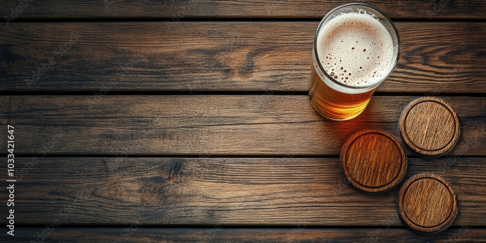 Beer in a glass and coasters on a wooden surface, with empty space for text, top view. Beer in a glass and coasters on a wooden surface, with empty space for text, top view.