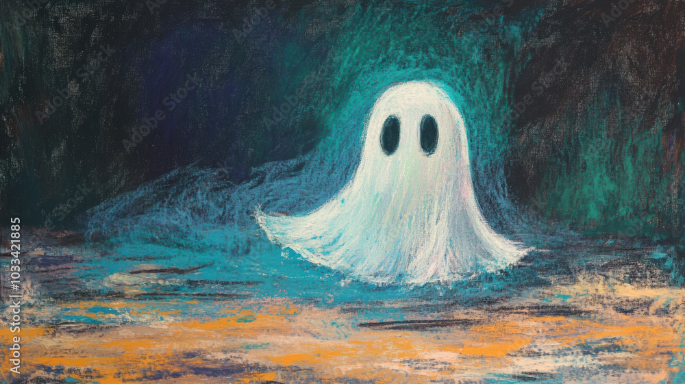 A cute Halloween ghost is illustrated in an oil pastel painting, featuring soft colors and a playful expression, set against a festive Halloween backdrop. A cute Halloween ghost is illustrated in an oil pastel painting, featuring soft colors and a playful expression, set against a festive Halloween backdrop.
