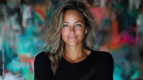 Wallpaper Mural A captivating portrait of a woman with tousled hair and an enchanting smile, set against a vibrant, abstract colorful background, highlighting her natural charm and poise. Torontodigital.ca