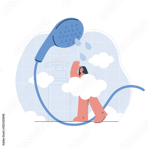 Plus size female is taking shower with soap bubbles in bathroom composition. Flat cartoon woman soaping up body while showering. Lady taking care of herself with relaxing foam wash. 