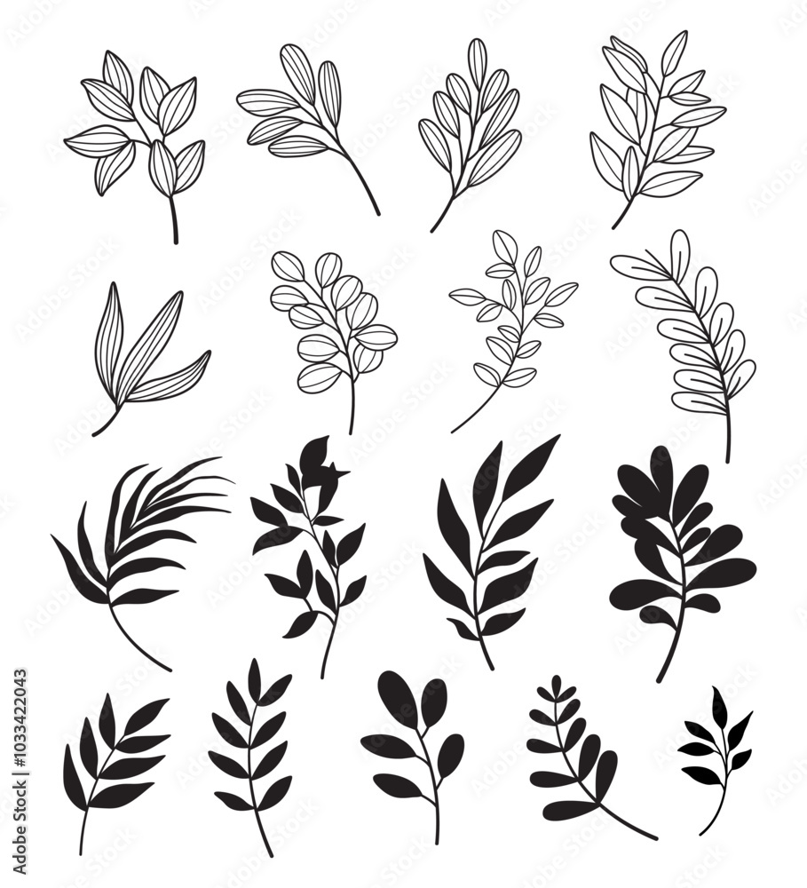 Set of leaves. Hand drawn decorative elements. Set of leaves. Hand drawn decorative elements.