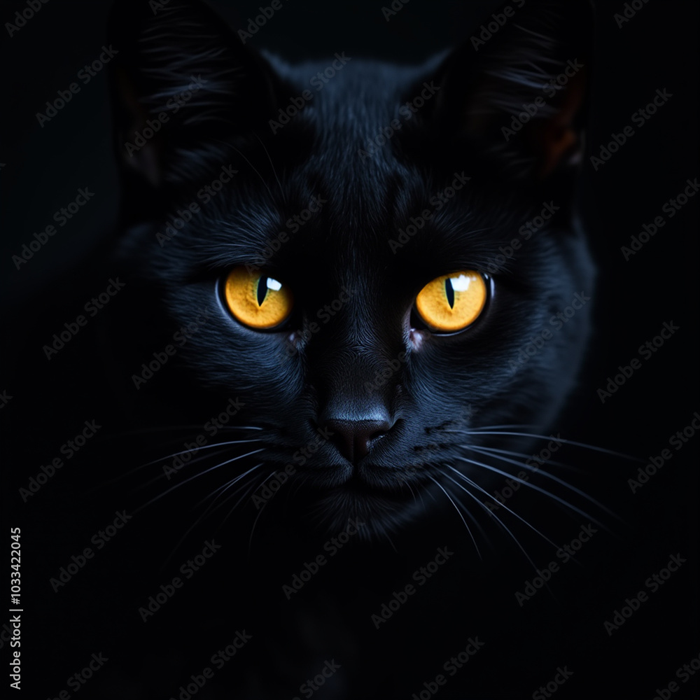 Majestic Black Cat with Striking Yellow Eyes in Dark Background Majestic Black Cat with Striking Yellow Eyes in Dark Background