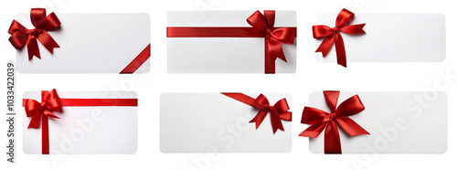 collection of white gift voucher with red ribbon isolated on white background