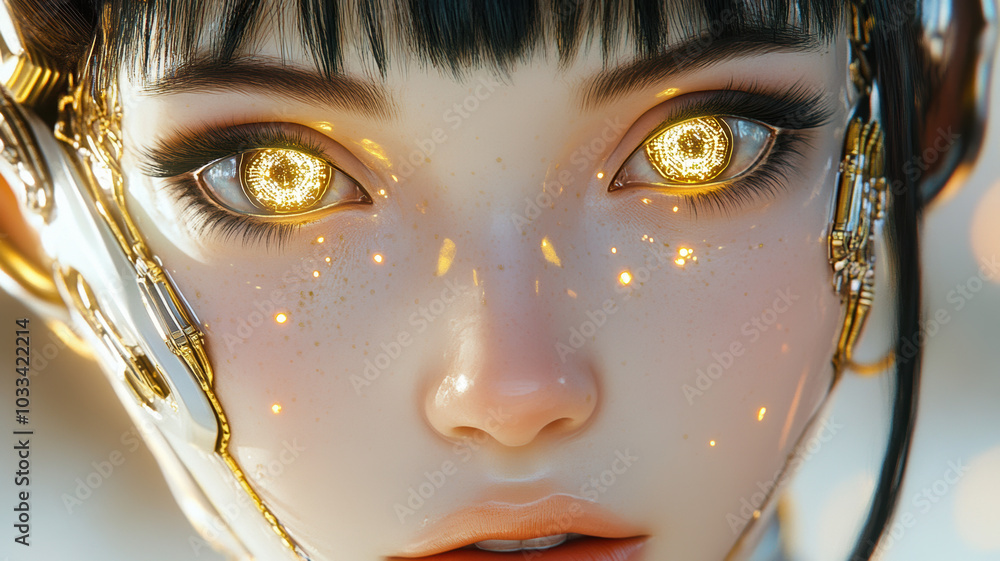 A futuristic android girl has vivid neon almond-shaped eyes with intricate gold patterns, transparent details showing thin gold wires and microchips, set against a pearly glossy background. A futuristic android girl has vivid neon almond-shaped eyes with intricate gold patterns, transparent details showing thin gold wires and microchips, set against a pearly glossy background.