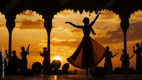 silhouette of a traditional Kathak dancer against the backdrop of a spiritual encampment at sunset with tabla and other musical instruments photo