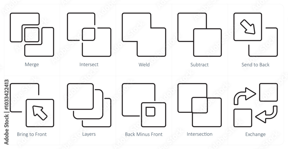 A set of 10 editing tools icons as merge, intersect, weld A set of 10 editing tools icons as merge, intersect, weld
