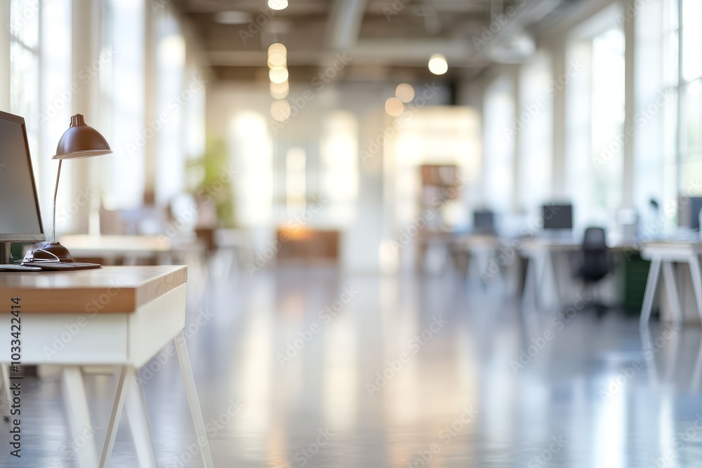 A modern office with a desk in the foreground and a blurred background of workstations. A modern office with a desk in the foreground and a blurred background of workstations.