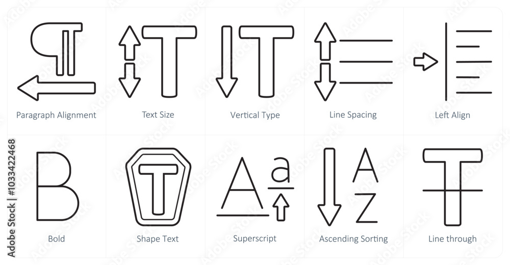 A set of 10 editing tools icons as paragraph alignment, text size, vertical type A set of 10 editing tools icons as paragraph alignment, text size, vertical type