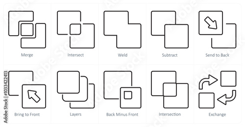 A set of 10 editing tools icons as merge, intersect, weld
