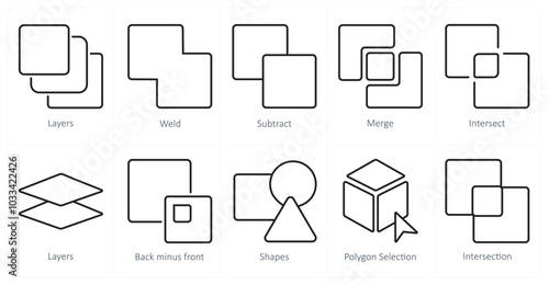 A set of 10 editing tools icons as layers, weld, subtract