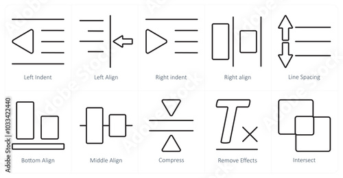 A set of 10 editing tools icons as left indent, left align, right indent