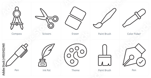 A set of 10 editing tools icons as compass, scissors, eraser