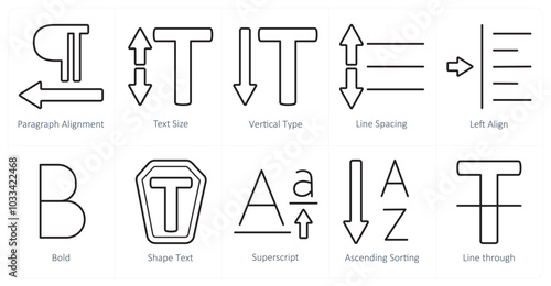 A set of 10 editing tools icons as paragraph alignment, text size, vertical type