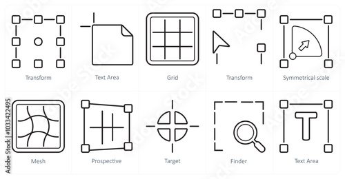 A set of 10 editing tools icons as transform, text area, grid