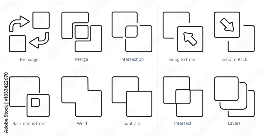 A set of 10 editing tools icons as exchange, merge, intersection A set of 10 editing tools icons as exchange, merge, intersection
